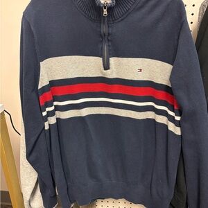 Tommy Hilfiger Men's Blue Sweater with Red and Gray Stripes